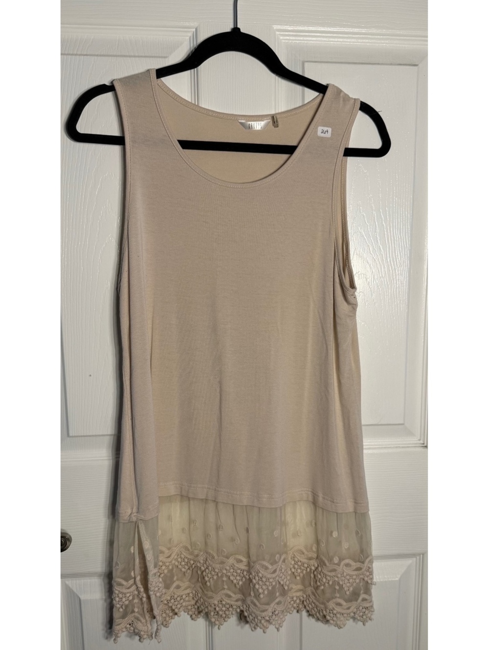 Kaktus Women's Beige Sleeveless Tunic Top with Lace Hem, Size Medium